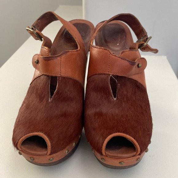 Ugg Brown Calf Hair Peep Toe Platform Heels Size 36.5 - Picture 3 of 10